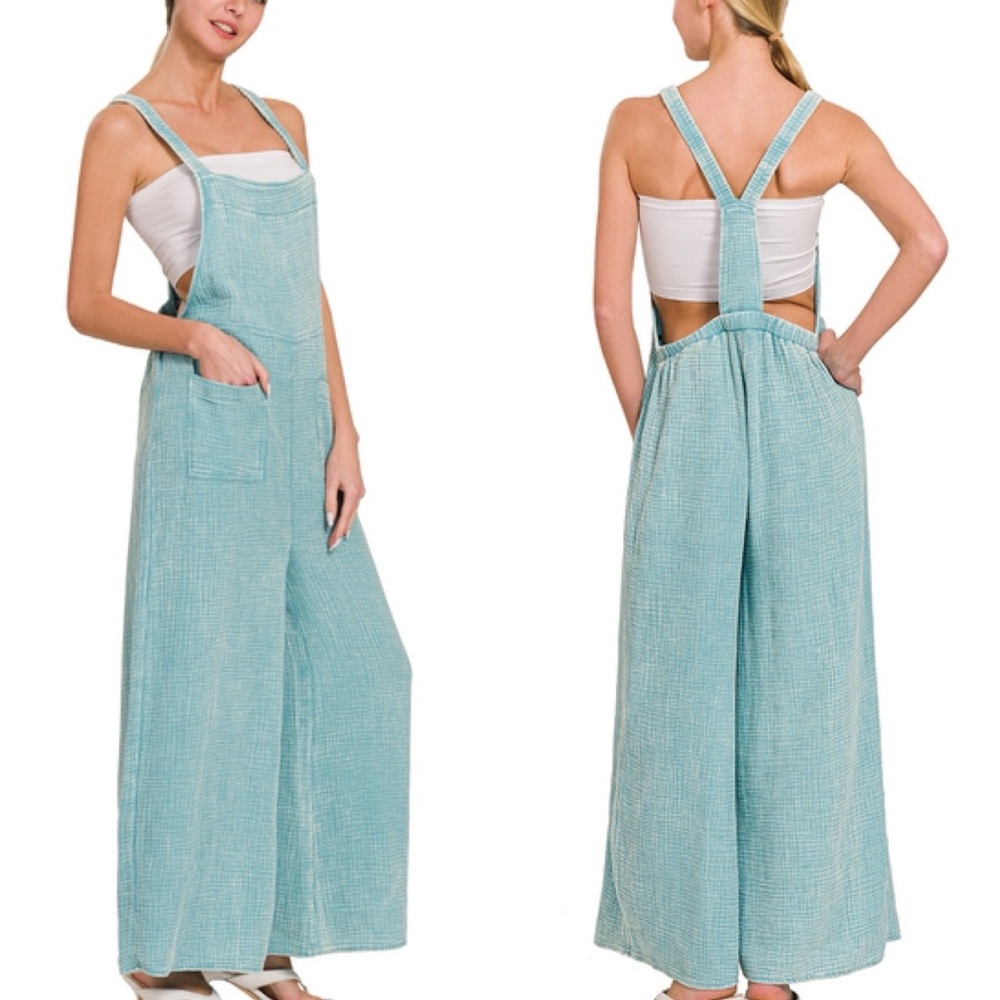 Never Worn Washed Double Gauze Cotton Wide Overalls